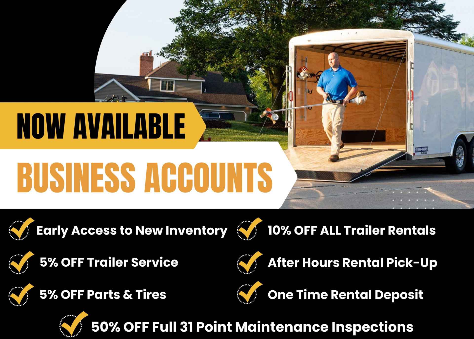 Graphic showing The Trailer Ranch business account perks including priority trailer access, flexible billing, and commercial rental discounts for local businesses.