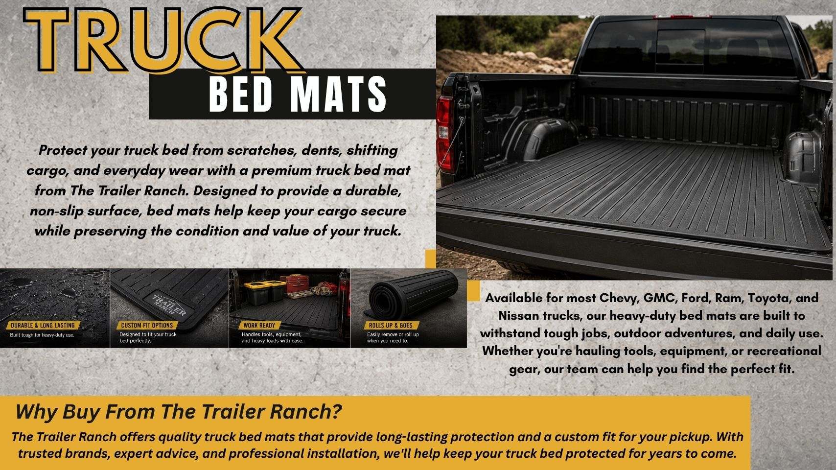 Pickup truck with custom-fit truck bed mat installed by The Trailer Ranch in Ozark, MO serving Springfield, Nixa, Republic, Branson, and Southwest Missouri.