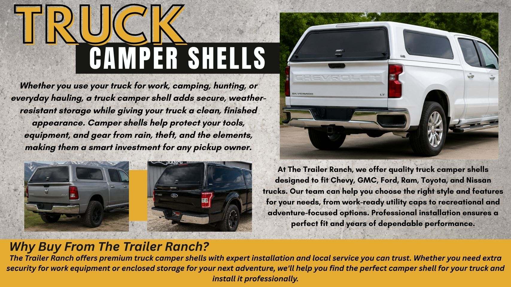 Pickup truck with custom-fit camper shell installed by The Trailer Ranch in Ozark, MO serving Springfield, Nixa, Republic, Branson, and Southwest Missouri.
