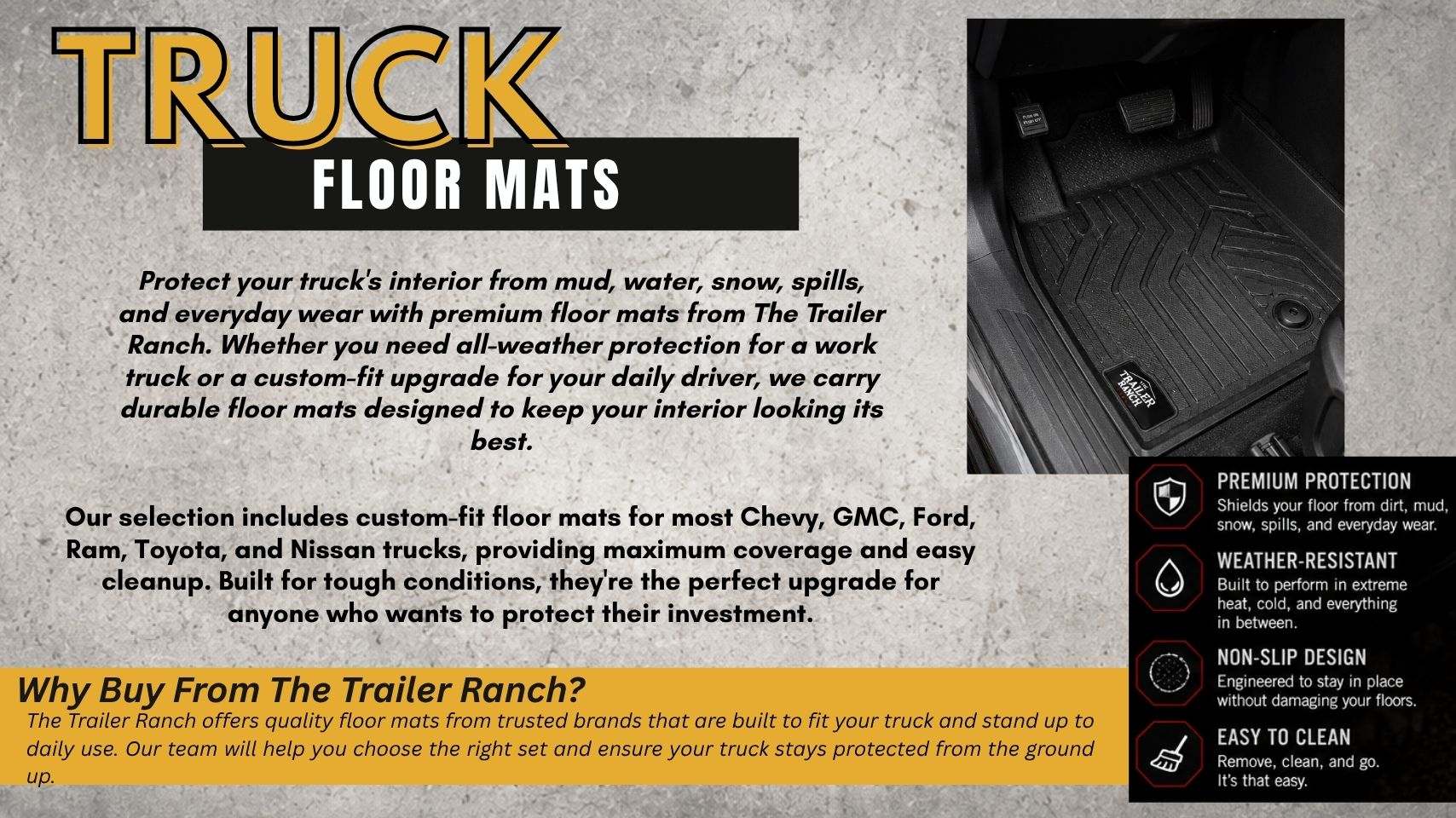 Custom all-weather truck floor mats installed in a pickup by The Trailer Ranch in Ozark, MO serving Springfield, Nixa, Republic, Branson, and Southwest Missouri.