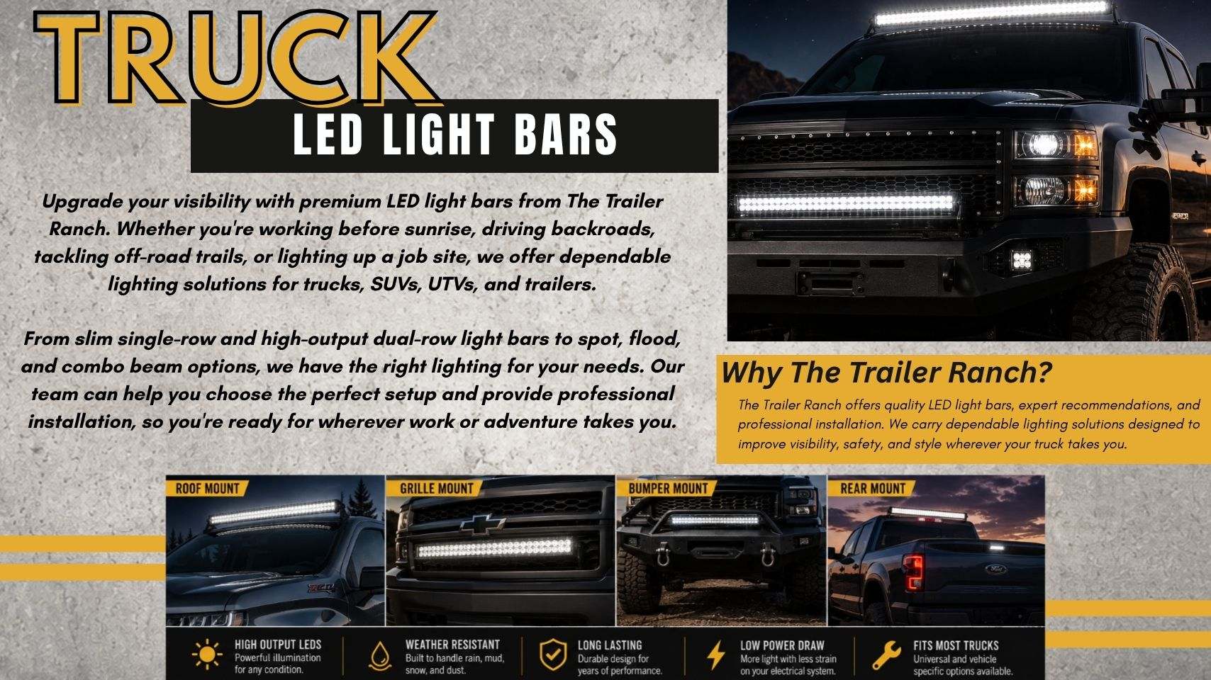 Pickup truck with premium LED light bar installed by The Trailer Ranch in Ozark, MO serving Springfield, Nixa, Republic, Branson, and surrounding Southwest Missouri.