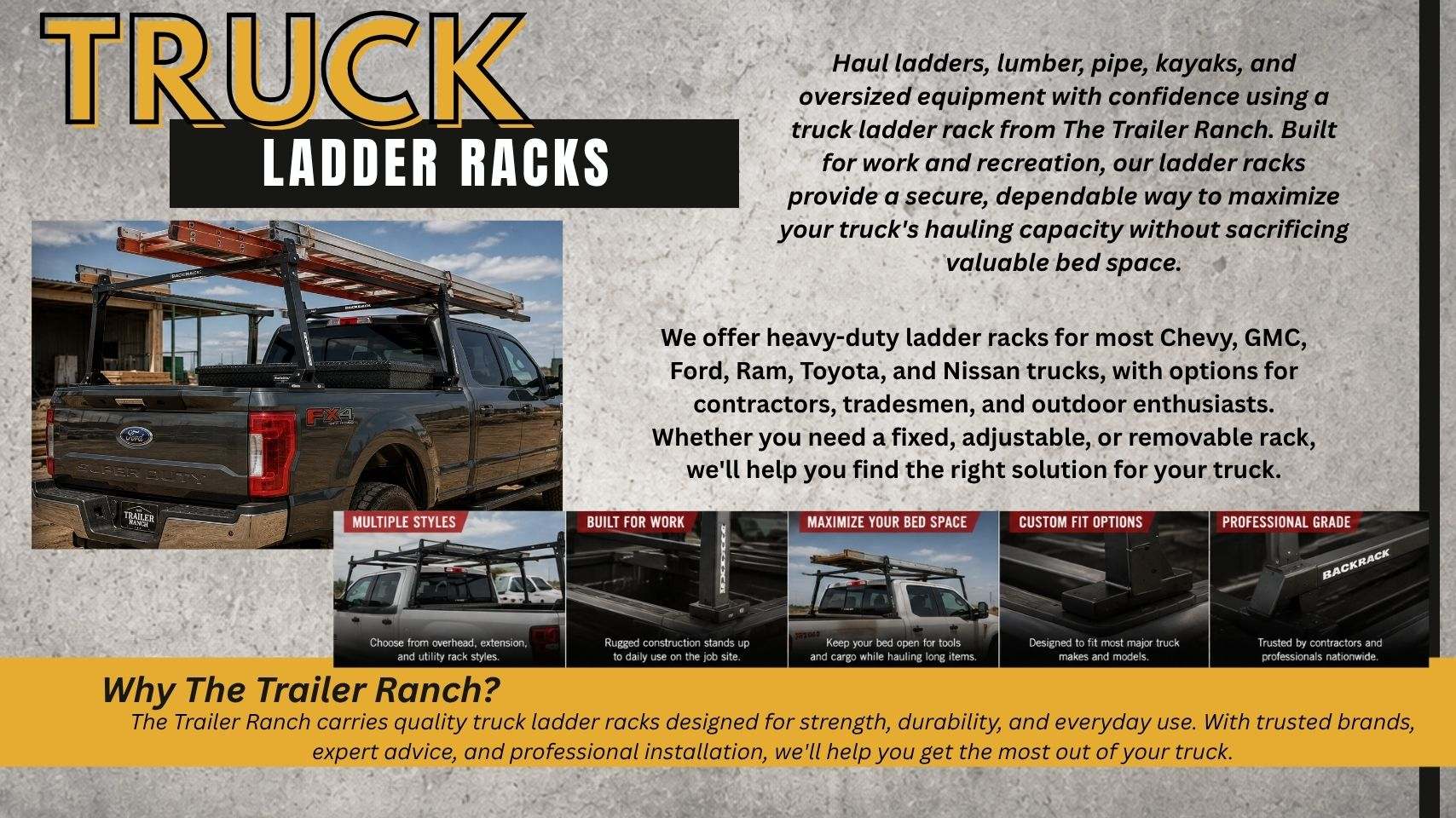 Pickup truck with heavy-duty ladder rack installed by The Trailer Ranch in Ozark, MO serving Springfield, Nixa, Republic, Branson, and Southwest Missouri.