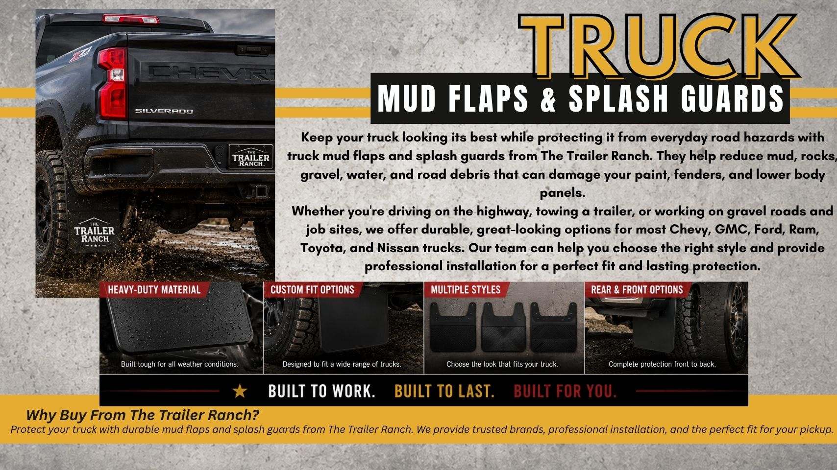 Pickup truck with premium mud flaps and splash guards installed by The Trailer Ranch in Ozark, MO serving Springfield, Nixa, Republic, Branson, and Southwest Missouri.