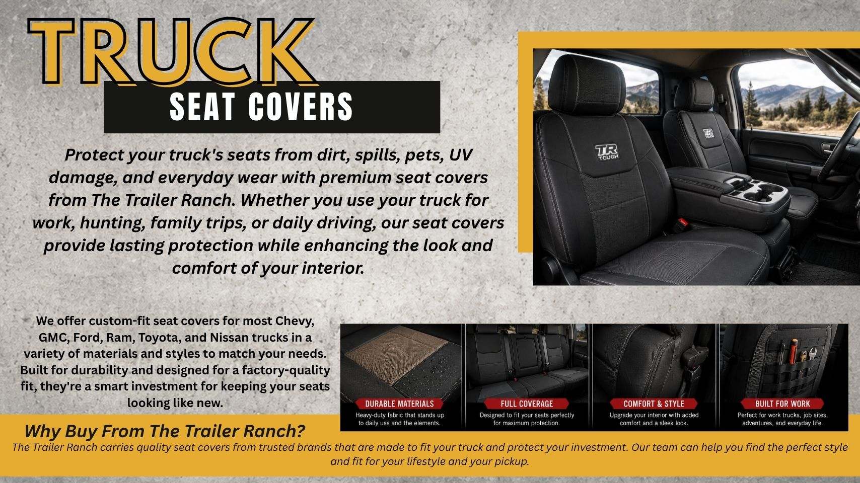 Pickup truck with custom-fit truck seat covers installed by The Trailer Ranch in Ozark, MO serving Springfield, Nixa, Republic, Branson, and Southwest Missouri.