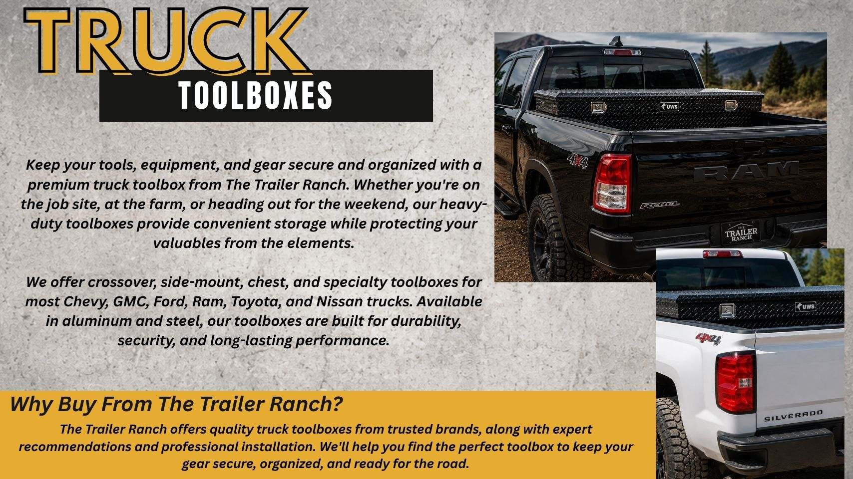 Pickup truck with heavy-duty crossover toolbox installed by The Trailer Ranch in Ozark, MO serving Springfield, Nixa, Republic, Branson, and Southwest Missouri