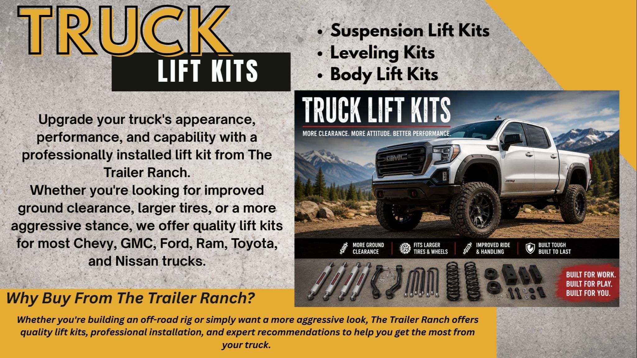 Lifted pickup truck with professionally installed truck lift kit by The Trailer Ranch serving Springfield, Ozark, Nixa, Republic, and Branson, Missouri